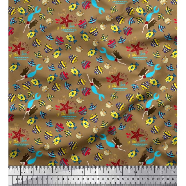 Soimoi Poly Georgette Fabric Fish,Mermaid & Starfish Ocean Print Fabric by Yard 42 Inch Wide