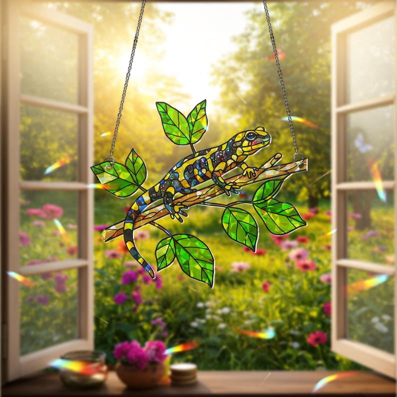 ViciArt Tiger Salamander Suncatcher – 4" Holographic Acrylic Window Hanging, Nature Reptile Decor