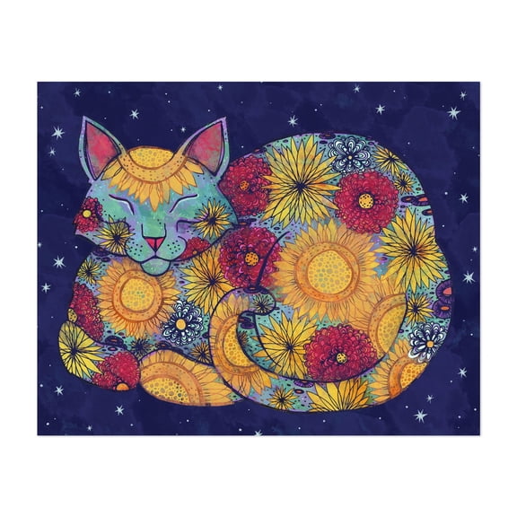 Basking - Illustration Cat Floral Watercolor Whimsical Night Sky Psychedelic Unframed Wall Art Print 6 x 8 inches
