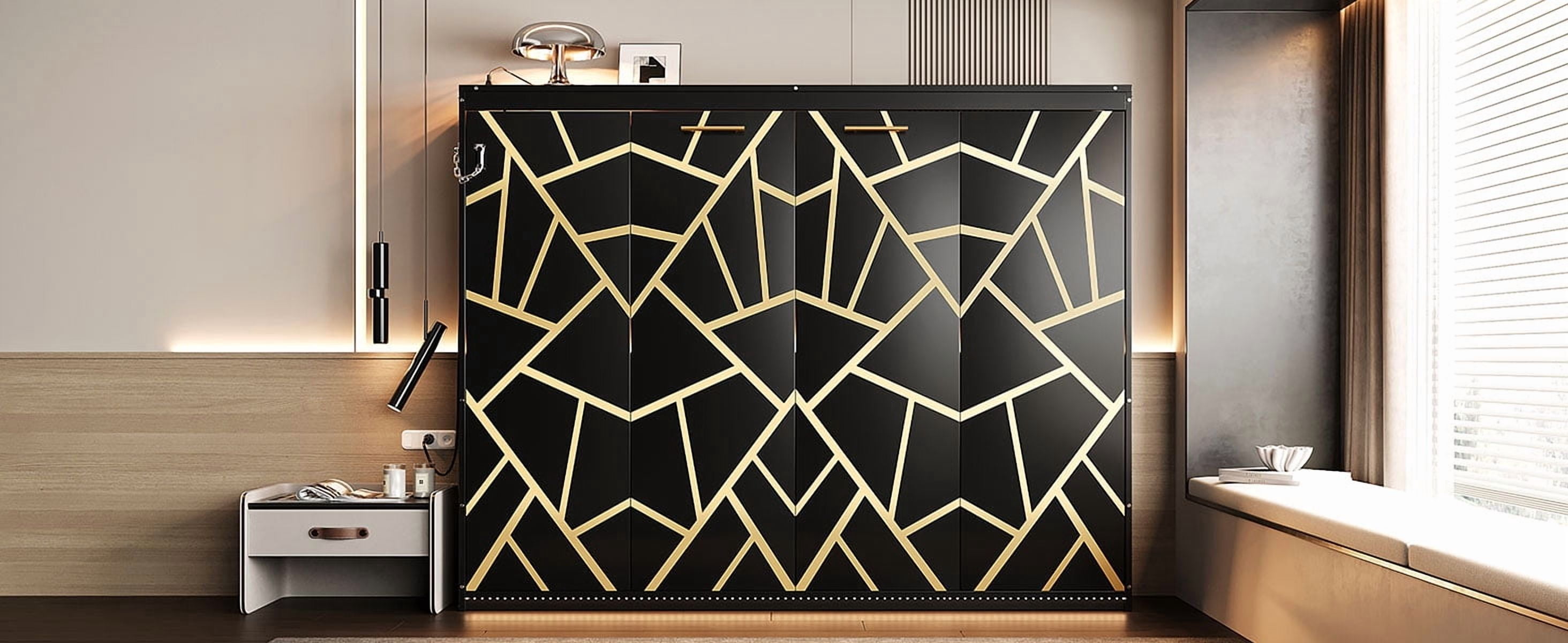 Mintazer Queen Size Murphy Bed with LED Lights & USB Port, Modern Folding Cabinets Bed with Gold Geometric Pattern for Home Office, Black