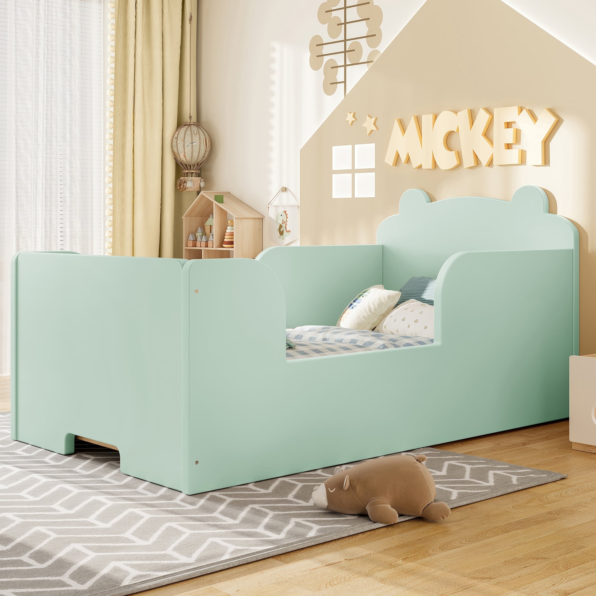 Jopath Toddler Floor Bed Frame, Cot Bed with Bear Shape Toddler Bed for Boys and Girls Green