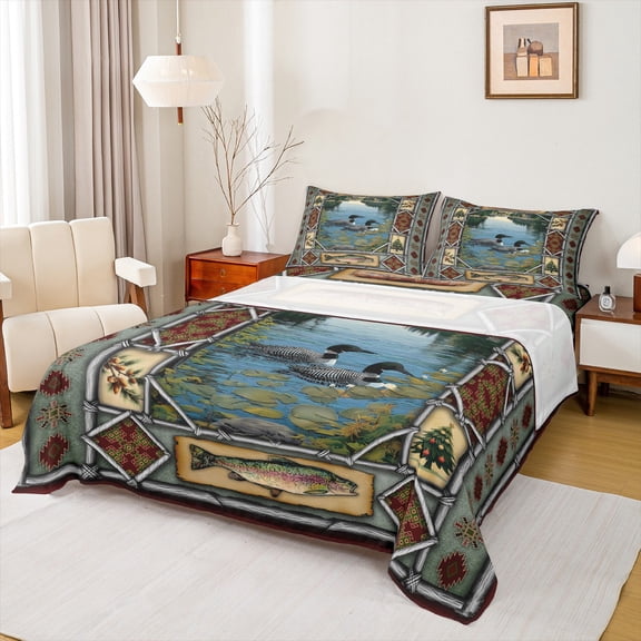 jejeloiu Rustic Duck King 4-Piece Sheet Set,Fishing Aztec Geometric