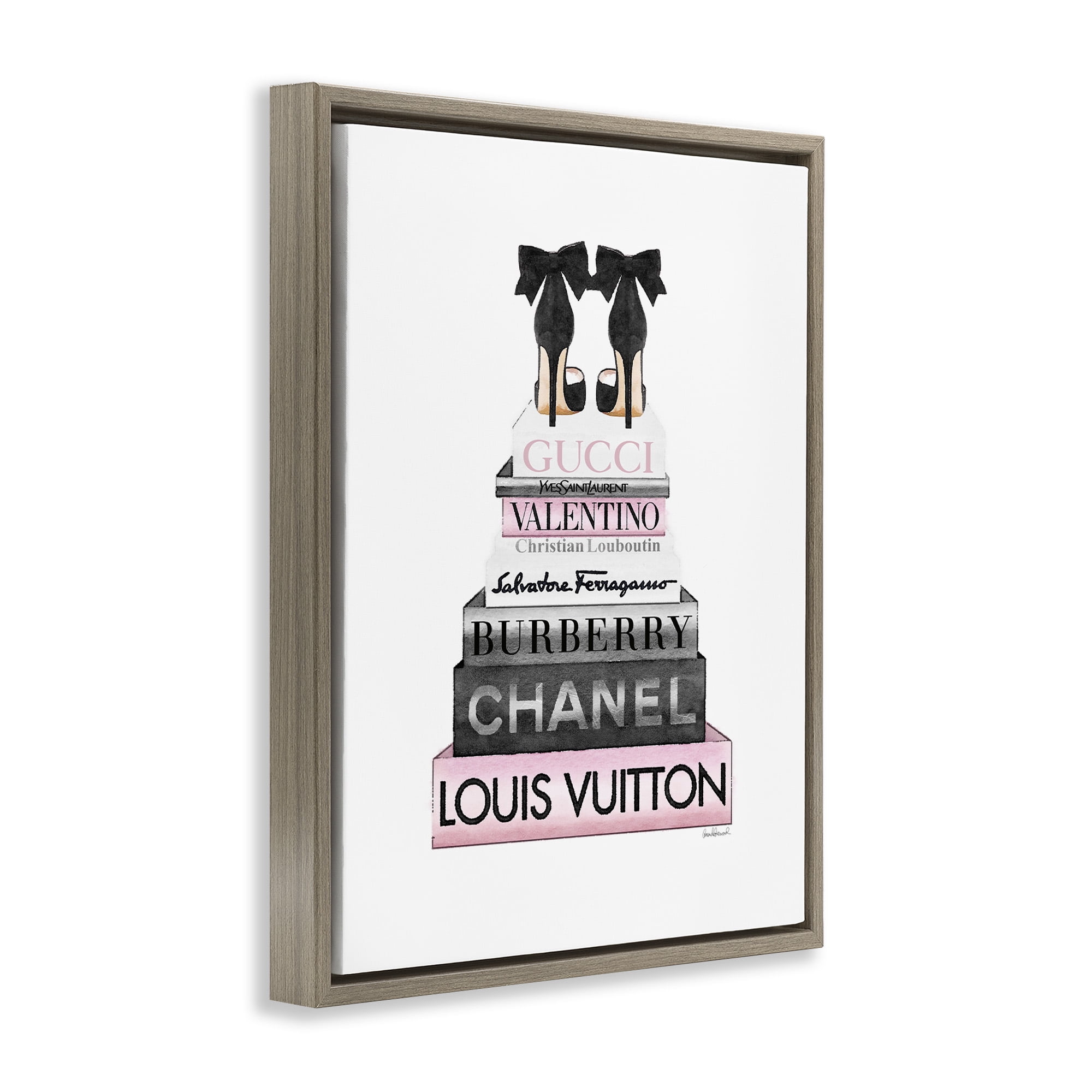 Stupell Industries Black Heels Pink Bookstack Beauty & Fashion Painting Brown Floater Framed Canvas Art Print Wall Art, 17 x 21