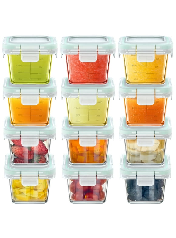 12 Pack Set 5oz Glass Baby Food Storage Jars w/Lids BPA-Free, Airtight Leakproof, Fridge, Microwave & Dishwasher Safe - Perfect for Snacks, Puree, Dips, and Meal Prep, Essential Must Have for Infants
