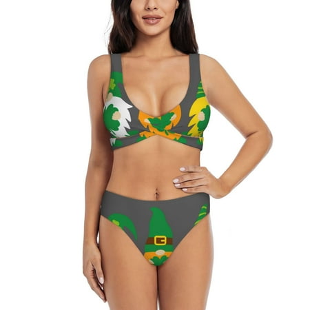 Zeuib Spring St PatrickS Day Irish Gnomes High Waisted Tummy Control Bikini Set - Knot Front Push Up Top & Cheeky Thong Bottom  Two-Piece Swimsuit for Women-Small