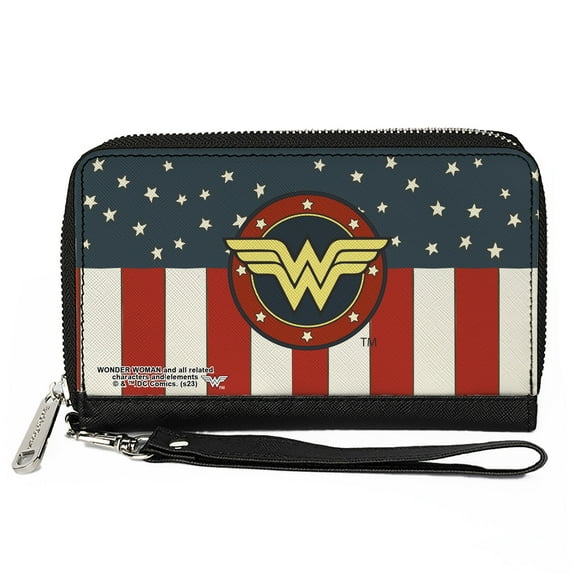 DC Comics Wallet, Zip Around, WONDER WOMAN/Logo Americana Red/White/Blue/Yellow, Vegan Leather