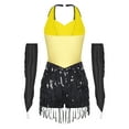 thumbnail image 2 of TSSOE Women Sparkly Jazz Prom Latin Dance Leotard Halter Backless Tuxedo Bodysuit with Metallic Gloves Yellow S, 2 of 7