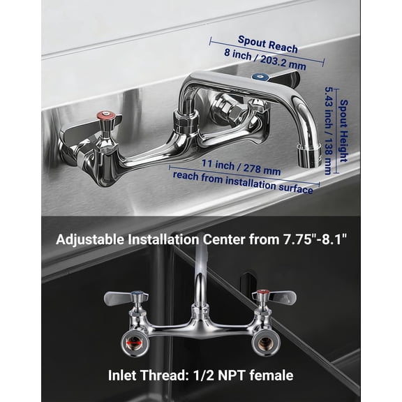 NSF Certified Lead-Free Commercial Sink Faucet 8 inch Center Spread, Wall Mount Kitchen Sink Faucet 2 Hole with 8" Swivel Spout, Brass Faucet with Ceramic Valve, Installation Kit Included