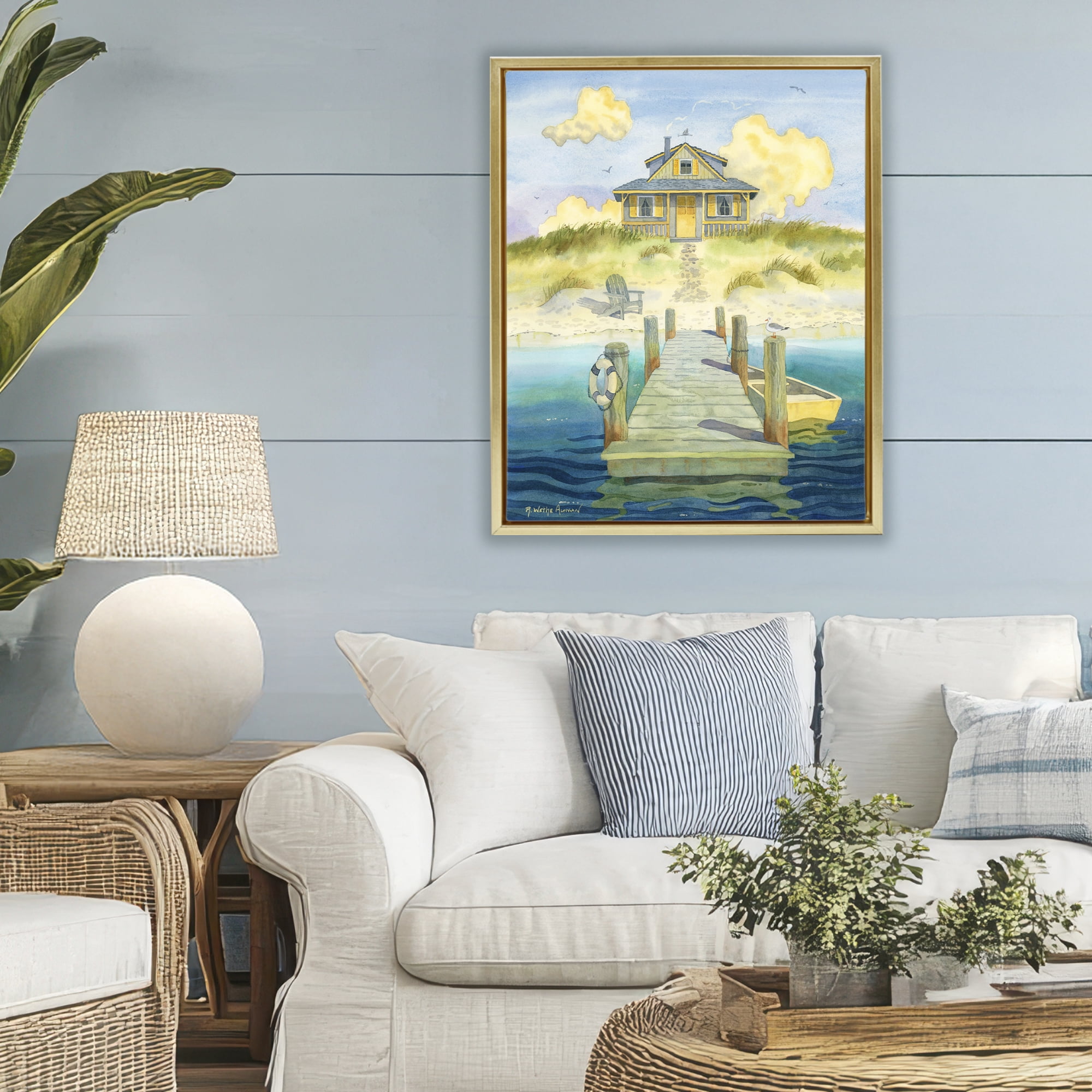 Stupell Industries Welcome Seaside Retreat Cottage Gold Framed Floater Canvas Wall Art, design by Robin Altman