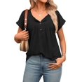 thumbnail image 3 of Women's Tops Dressy Casual Blouses Short Sleeve Shirts Clothing Summer Outfits Button Pleated Front Black S, 3 of 10