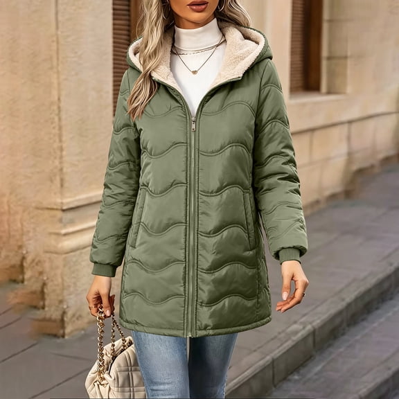 Womens Sherpa Lined Puffer Jacket Hooded Wave Quilted Full Zip Mid Length Padded with Poecets Warm Fall Winter Casual Outerwear