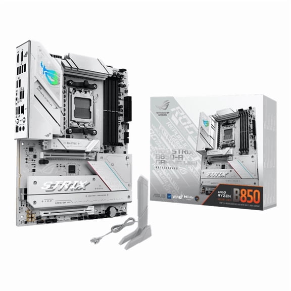 The ASUS ROG Strix B850-A Gaming WiFi offers 14 2 2 power stages, DDR5, PCIe 5.0, WiFi 7, four M.2 slots, USB-C, and Aura Sync RGB.