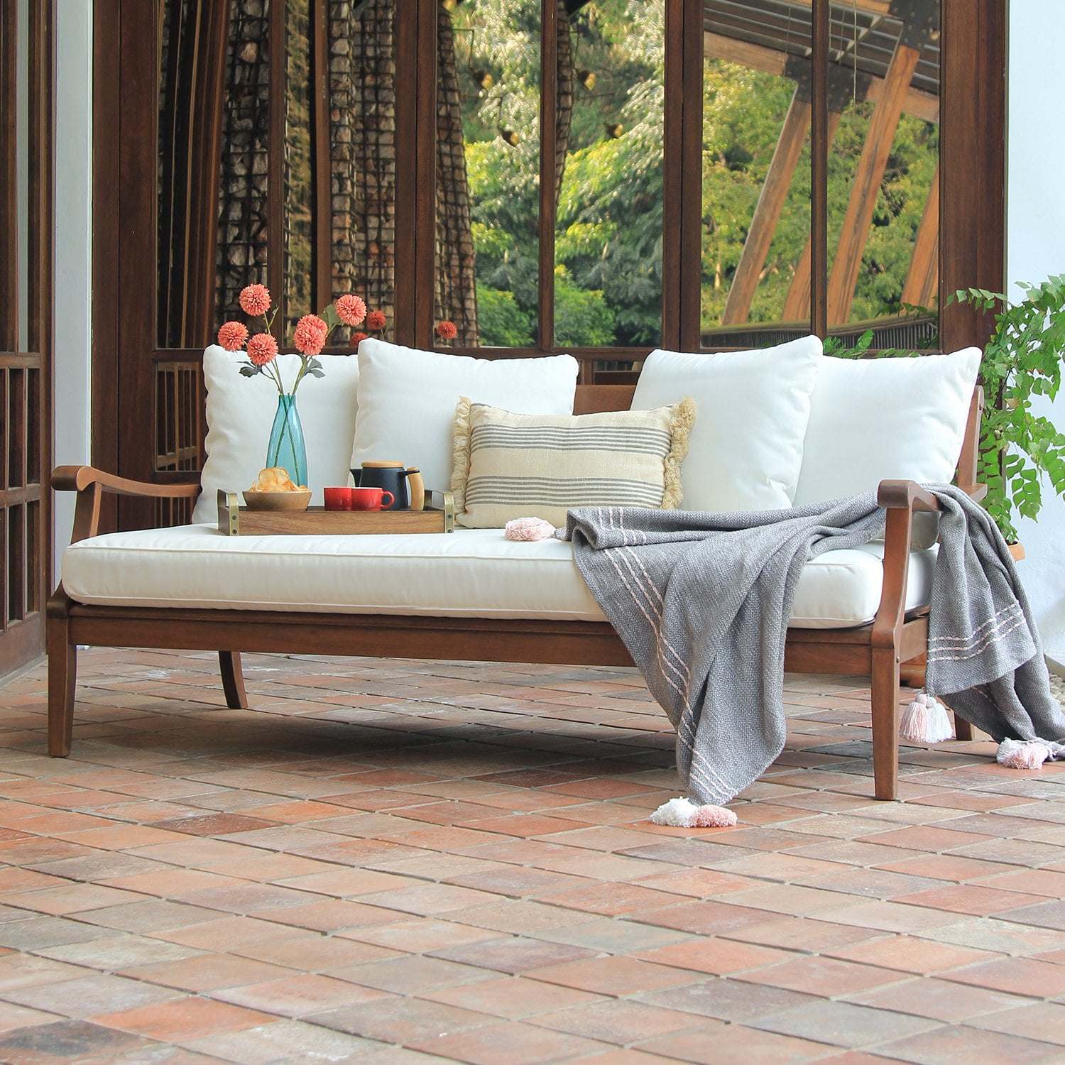 Alston Wood Outdoor Sofa Daybed with White Cushion