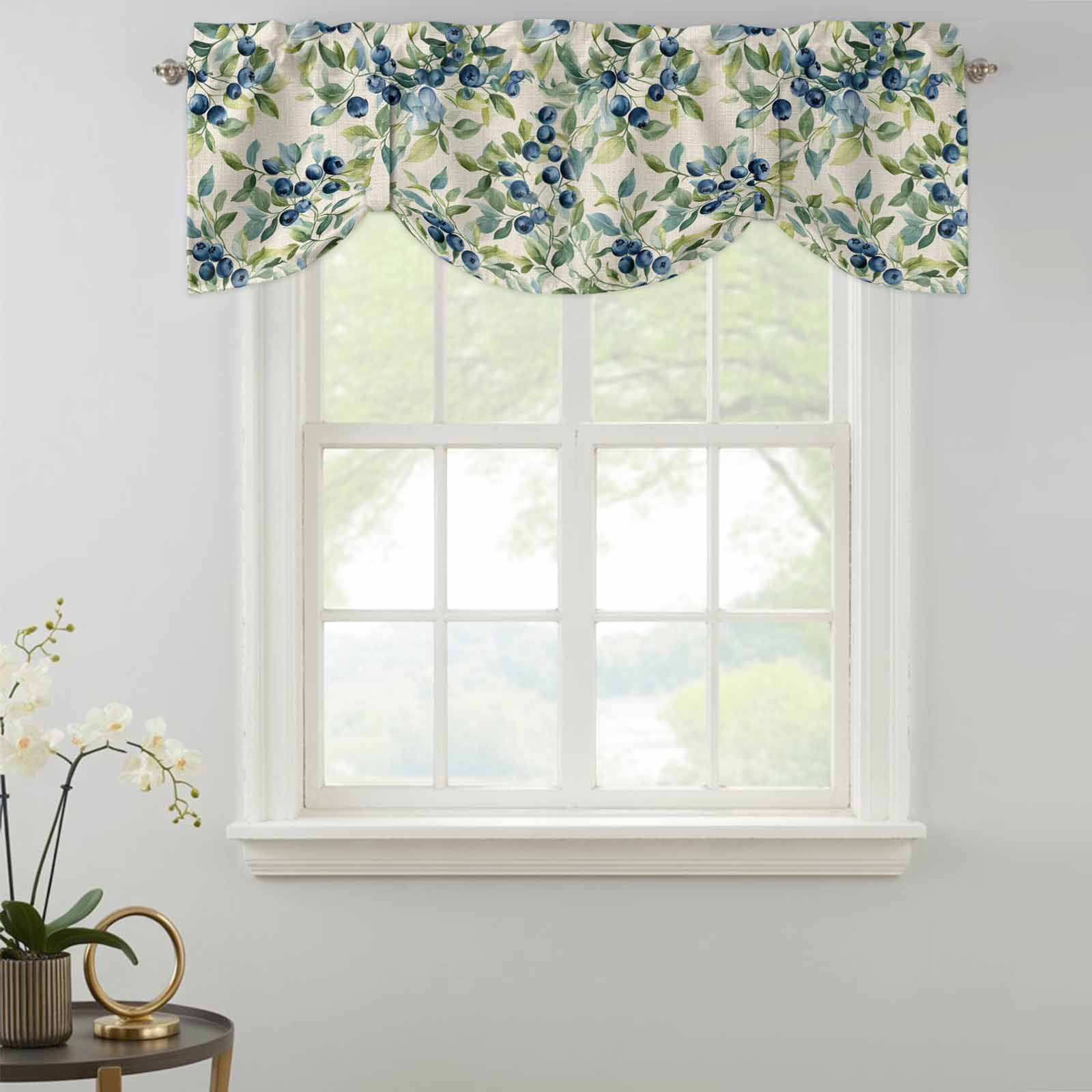 Blue Blueberry Tie Up Valance for Windows, Green Leaf Pastoral Plant Vintage Linen Adjustable Rod Pocket Tie Up Valance Curtains Window Treatment for Kitchen Bathroom Bedroom 60 X 18 Inch