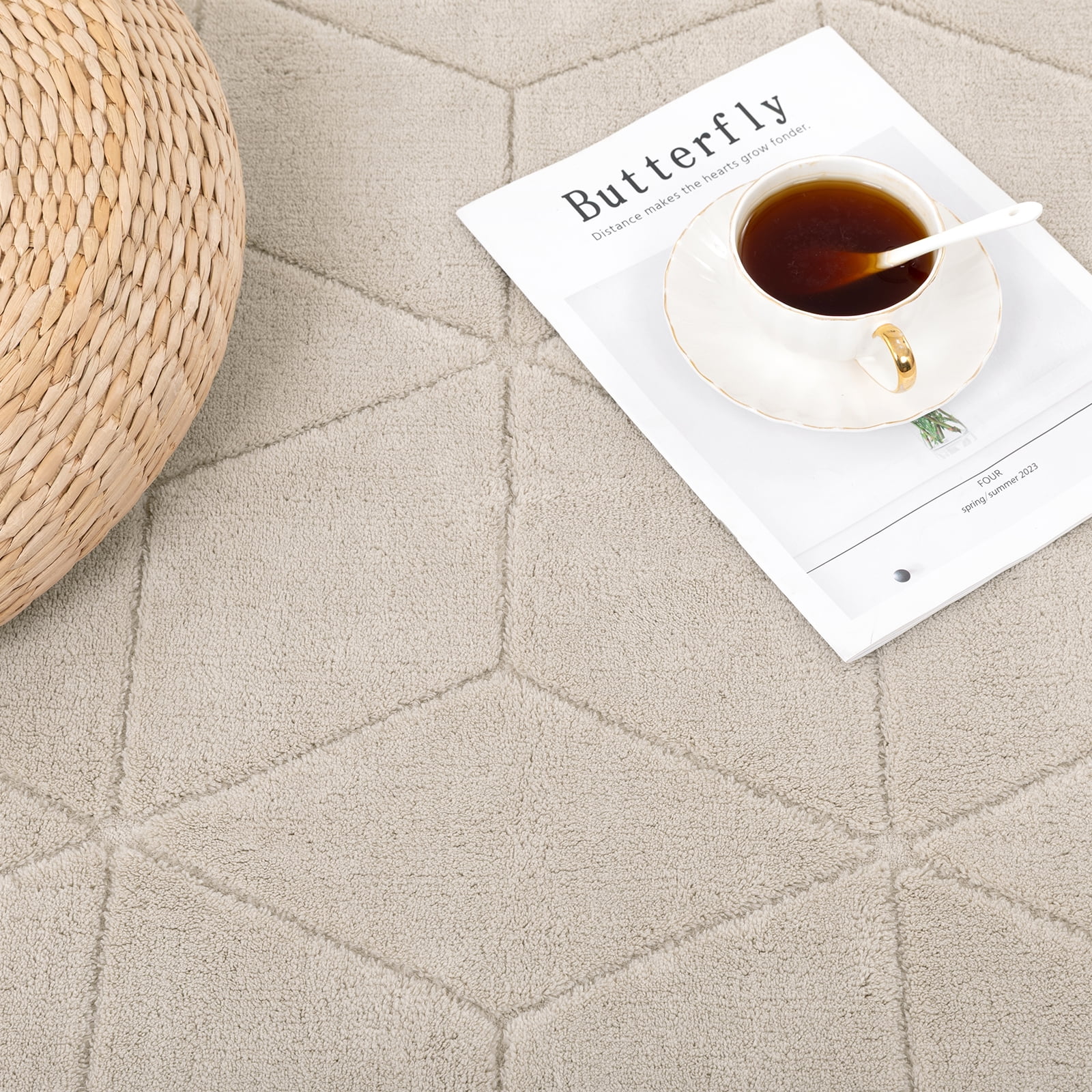 MeyJey 2'x3' Small Shag Area Rug for Living Room Modern Geometric High-Low Cut Machine Washable Rugs for Bedroom Dinning Room Office Decor Non-Slip Soft Carpet, Beige