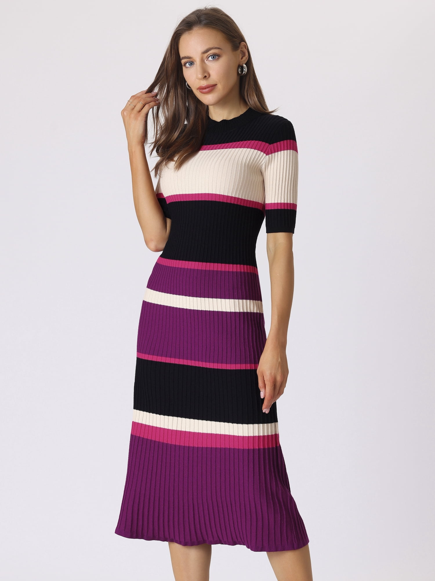 DARING DIVA Women's Striped Short Sleeve A-Line Midi Dresses XL Hot Pink