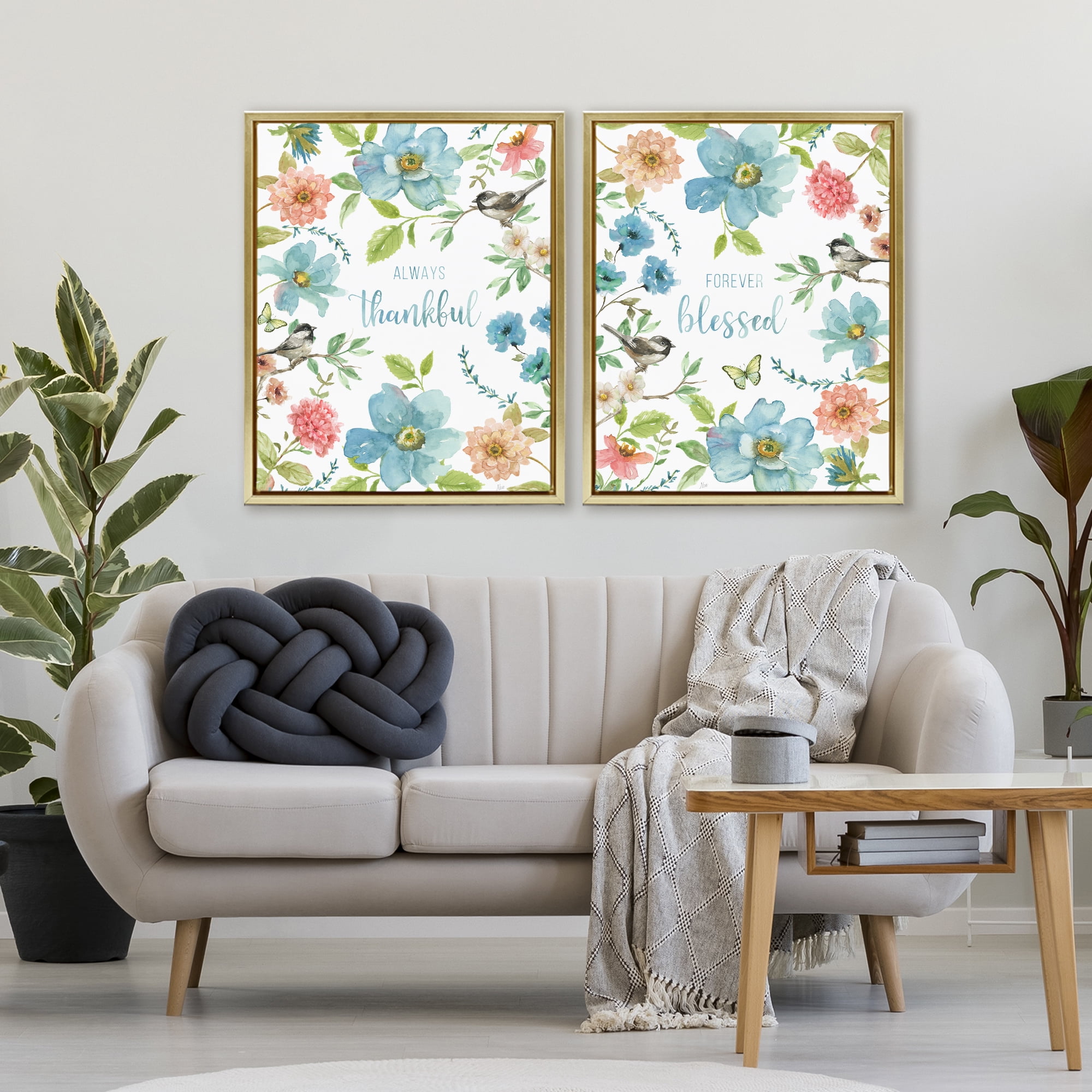 Stupell Industries Pink & Blue Gratitude Blooms 2 Piece Gold Framed Floater Canvas Set, design by Nan