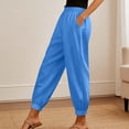 thumbnail image 2 of Women Linen Pants Summer Casual Gaucho Pants Drawstring Elastic Waist Wide Leg Slacks Loose Fitting Beach Attire Blue M, 2 of 7