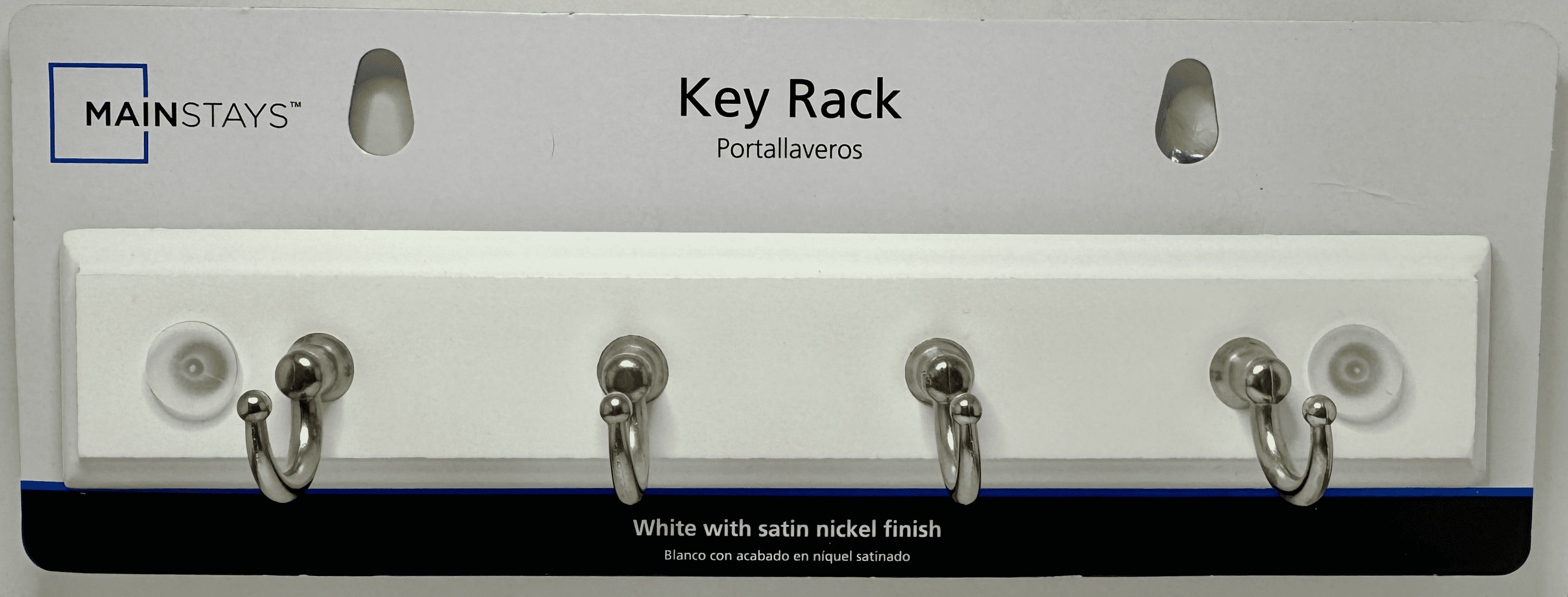 Mainstays White 8.75 inch Key Rail with 4 Satin Nickel Hooks for Keys, Mail, Leashes, 2 lbs Capacity, 1 Pack