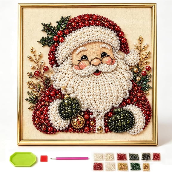 DIY Christmas Pearl Art Kit with Frame, Pearl Diamond Painting for Adults Beginners, Gemstone Bead Craft Kit for Holiday Home Decor, Stress-Relieving Creative Activity (Santa)