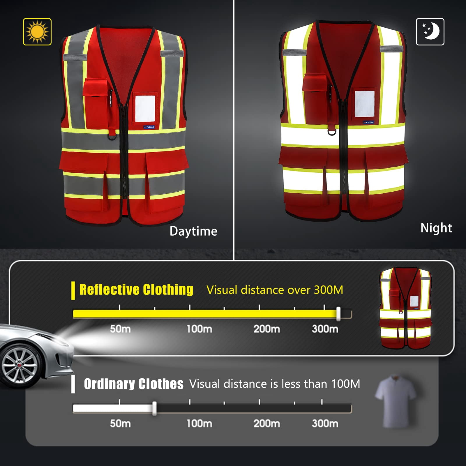 AYKRM Security Vest for Men Women 7 Pockets High Visibility Reflective Safety Vest Front Zipper Meets ANSI/ISEA
