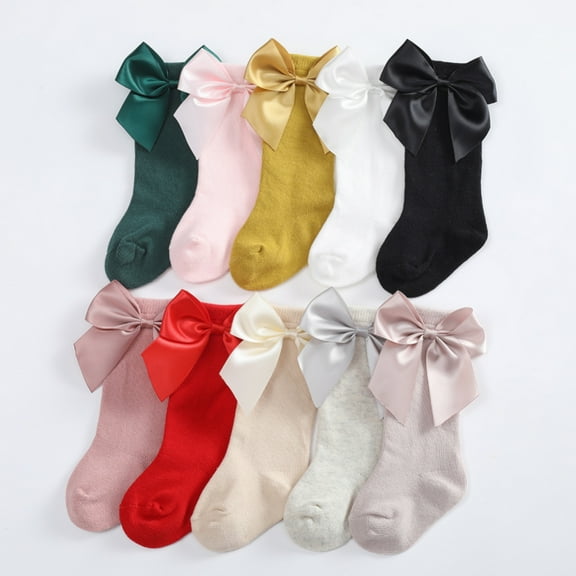 10 Pack Baby Girls Knee High Socks Toddler Big Bow Breathable Dress Socks Little Girls Cotton Tube Stockings for Newborn Infant 0-3 Years (1/4/6/10 Pairs)
