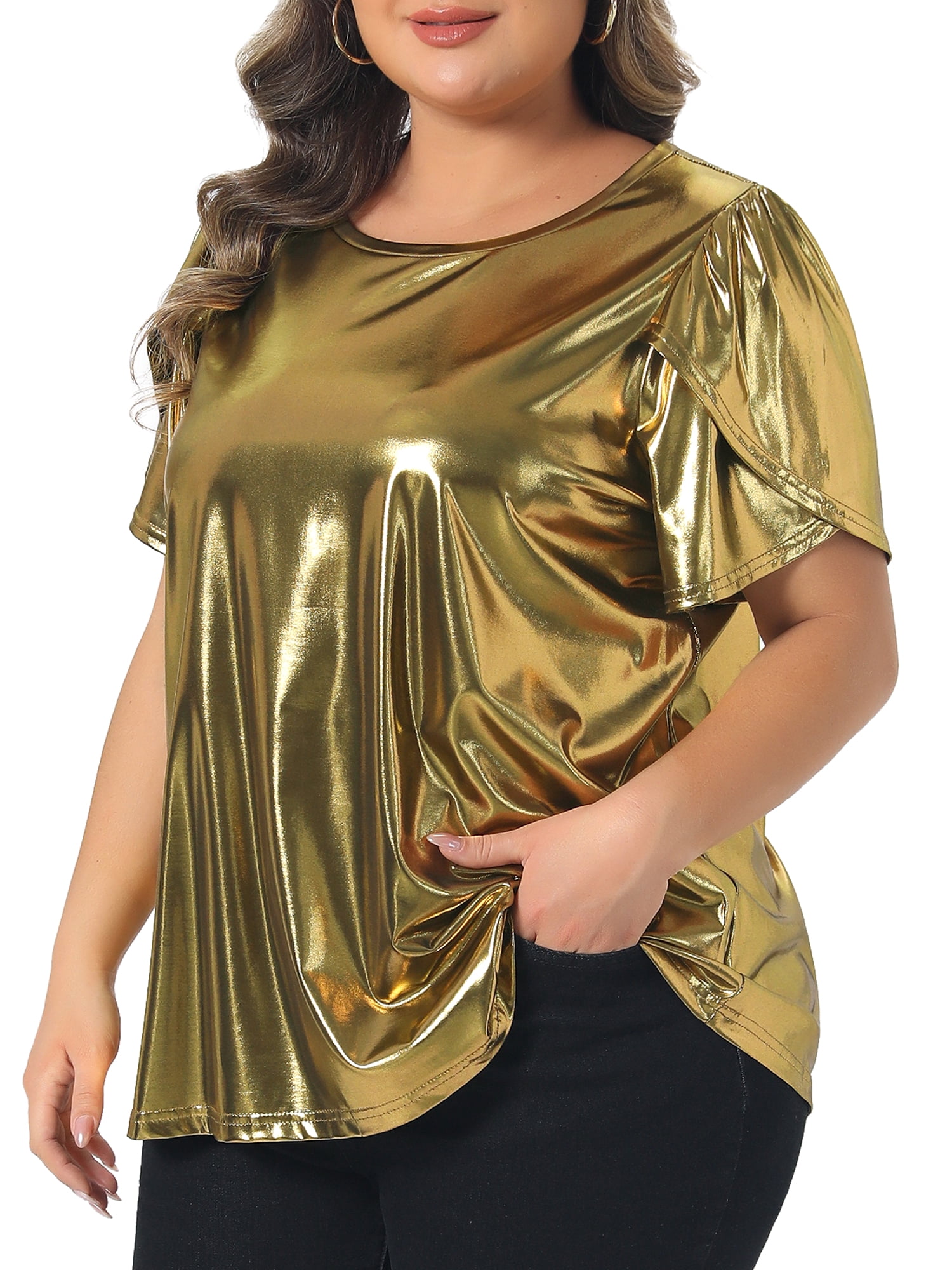DARING DIVA Women's Plus Metallic Crew Neck Short Sleeve Tops 4X Gold