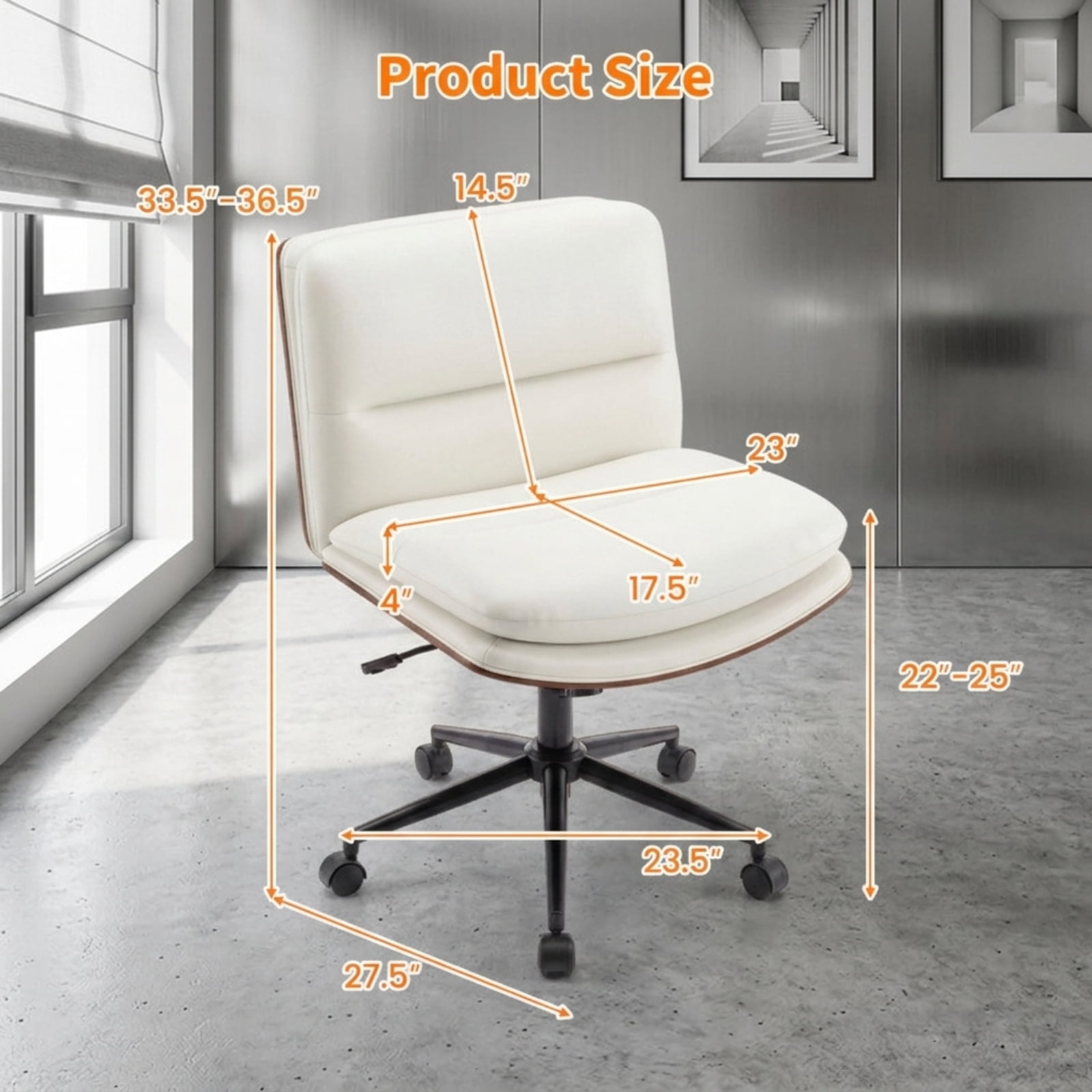 Furnibear Armless Office Chair with Curved Backrest and Padded Faux Leather Seat Small Rolling Vanity Task Chair for Home Office Bedroom Study, White