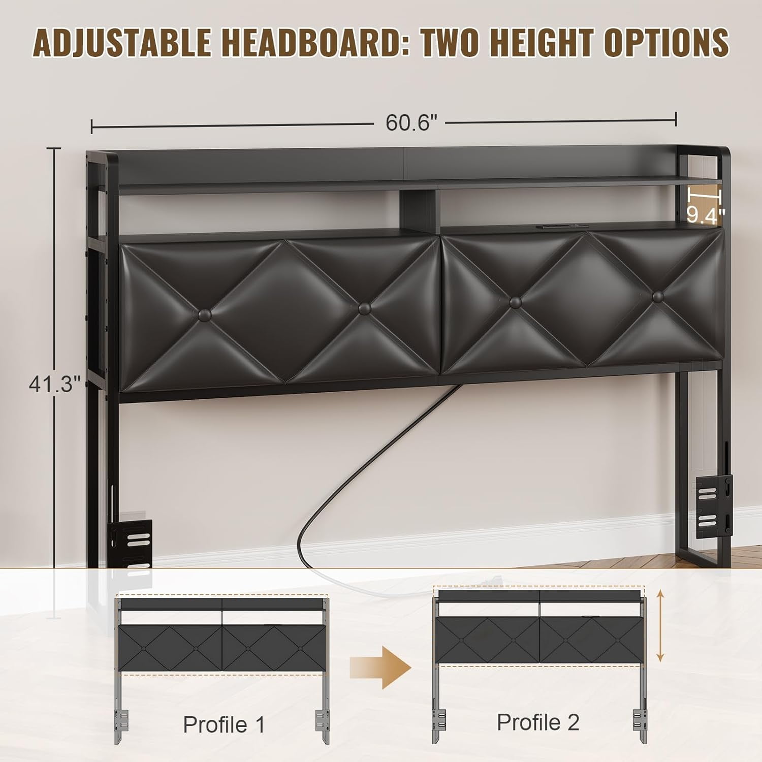 SELOOYE Headboard Queen Size with 2-Tier Open Space and Pull-Out Hidden Storage, Upholstered Headboard with Charging Station, Height Adjustable Sturdy Queen Bed Head Only, Easy Assembly, Black