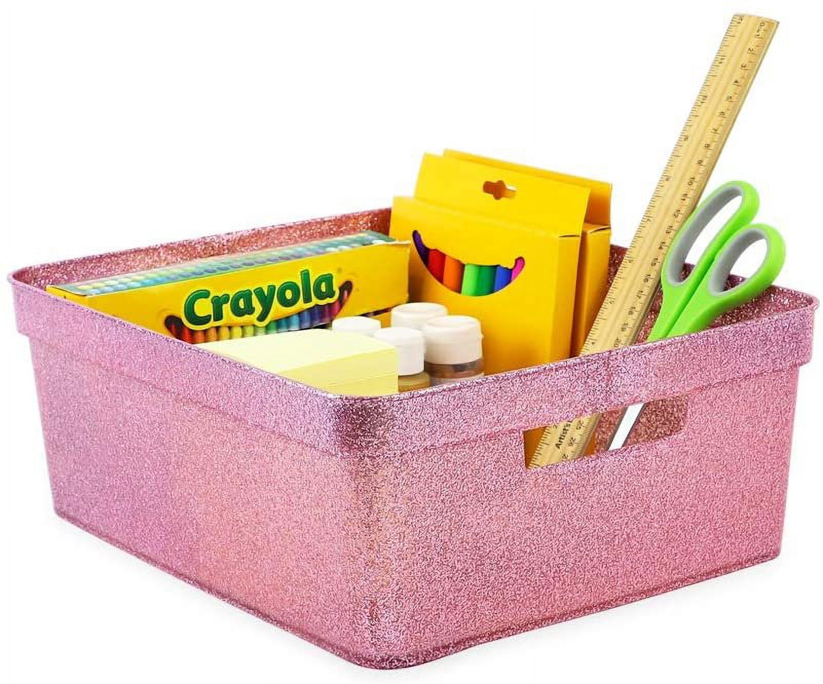 Isaac Jacobs Medium Glitter Storage Bin 14 x 11.5 x 5.5 Set w/Cut-Out Handles, Plastic Organizer, Multi-Functional, Home Storage Solution, Kids Playroom, Bedroom, Closet 2, Pink