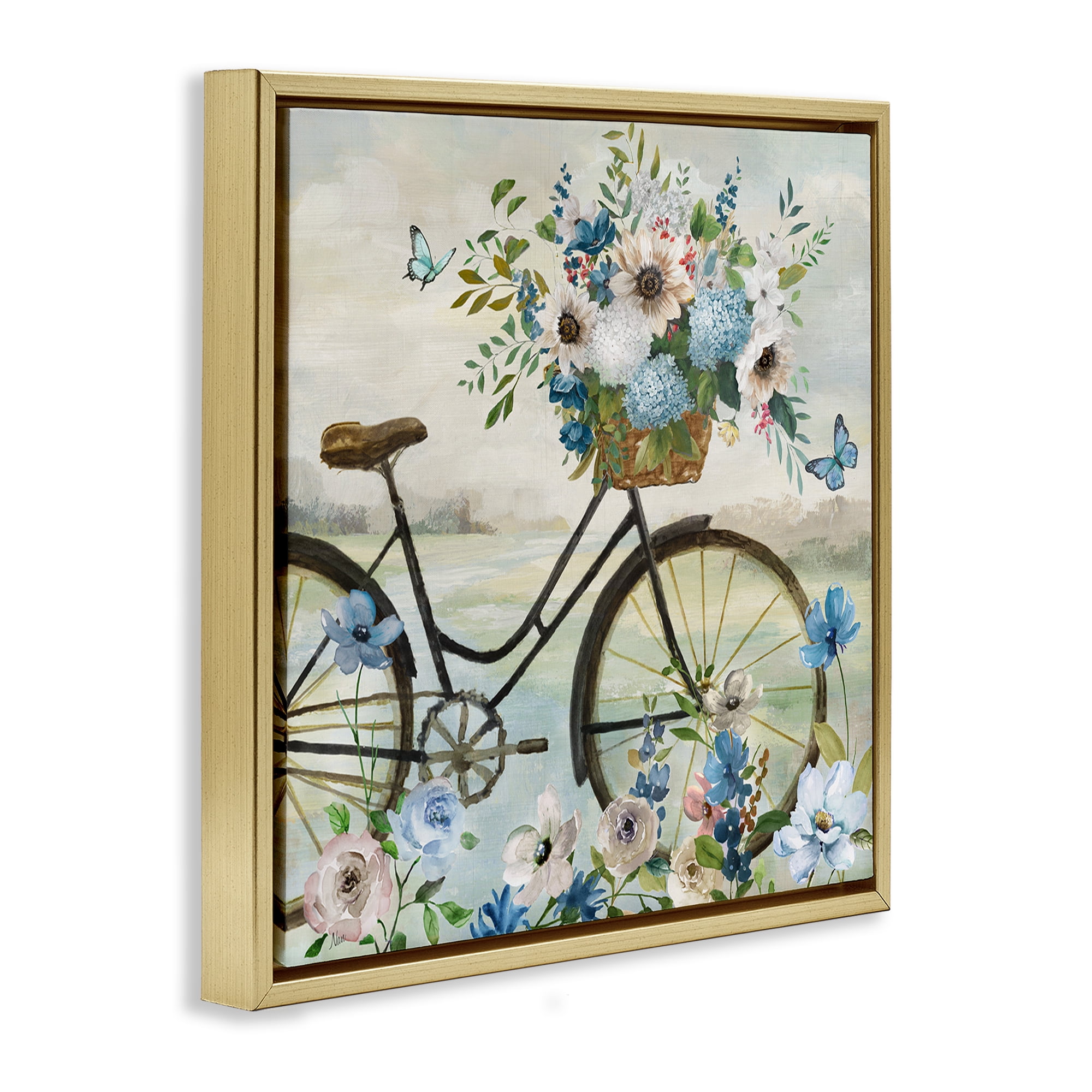 Stupell Industries Floral Bicycle & Butterflies Transportation Painting Gold Floater Framed Canvas Art Print Wall Art, 25 x 25