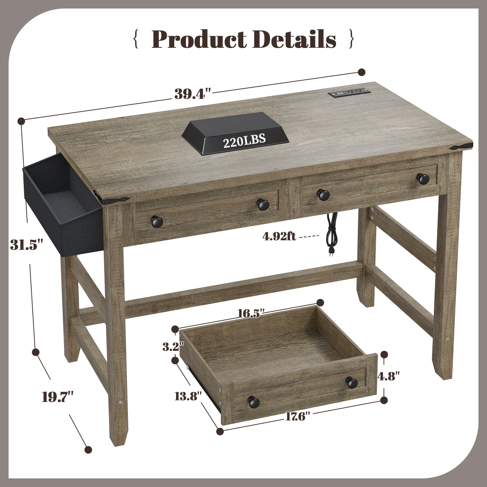 Romorgniz 40"Small Desk Computer Desk Drawers & Side Storage Rustic Home Office Desk with Power Outlets&USB,Dark Oak