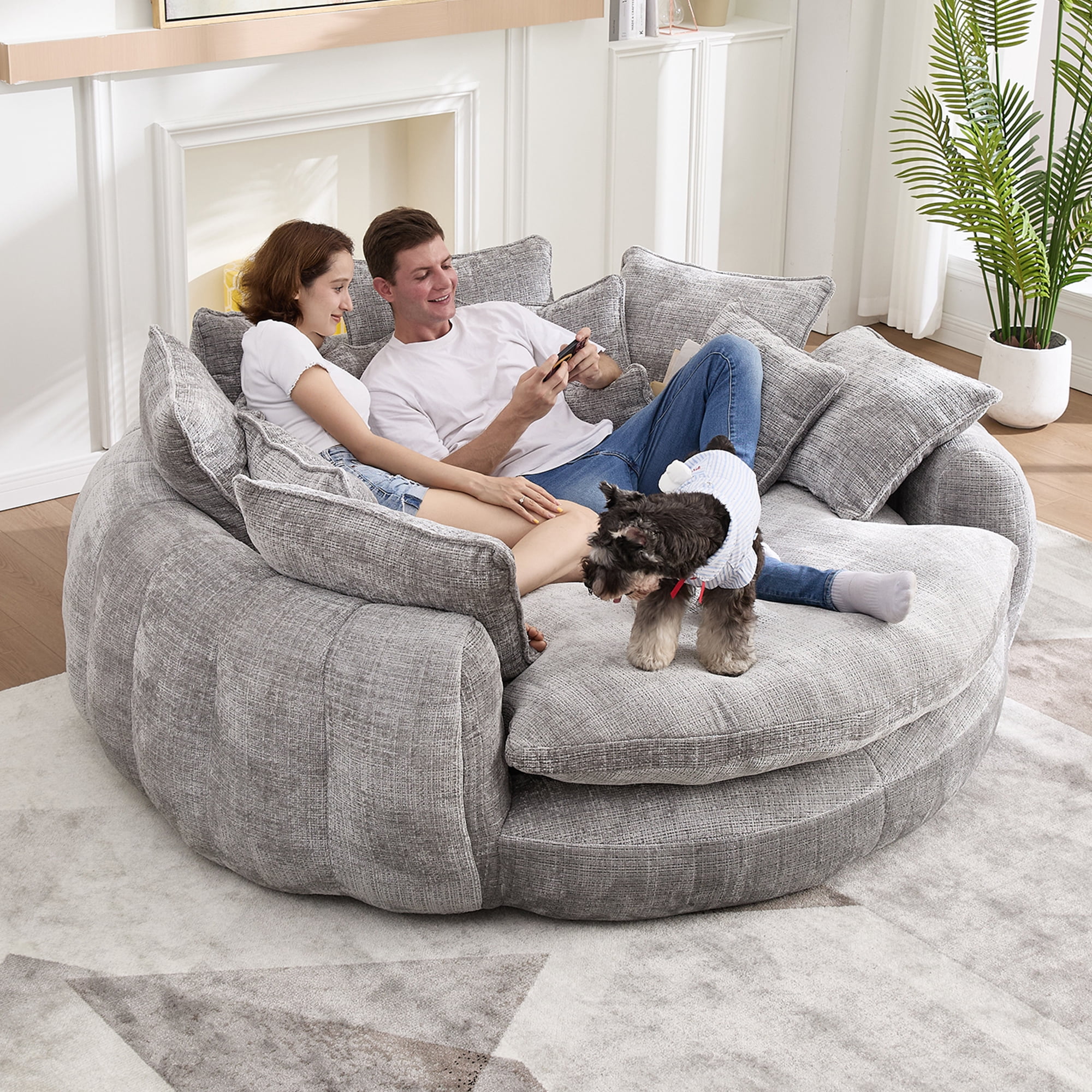 Aukfa 81" Oversized Round Chaise Lounge Sofa Bed, Modern Chenille Cloud Couch with Deep Seat, 14 Pillows, Assemble-Free, Light Gray