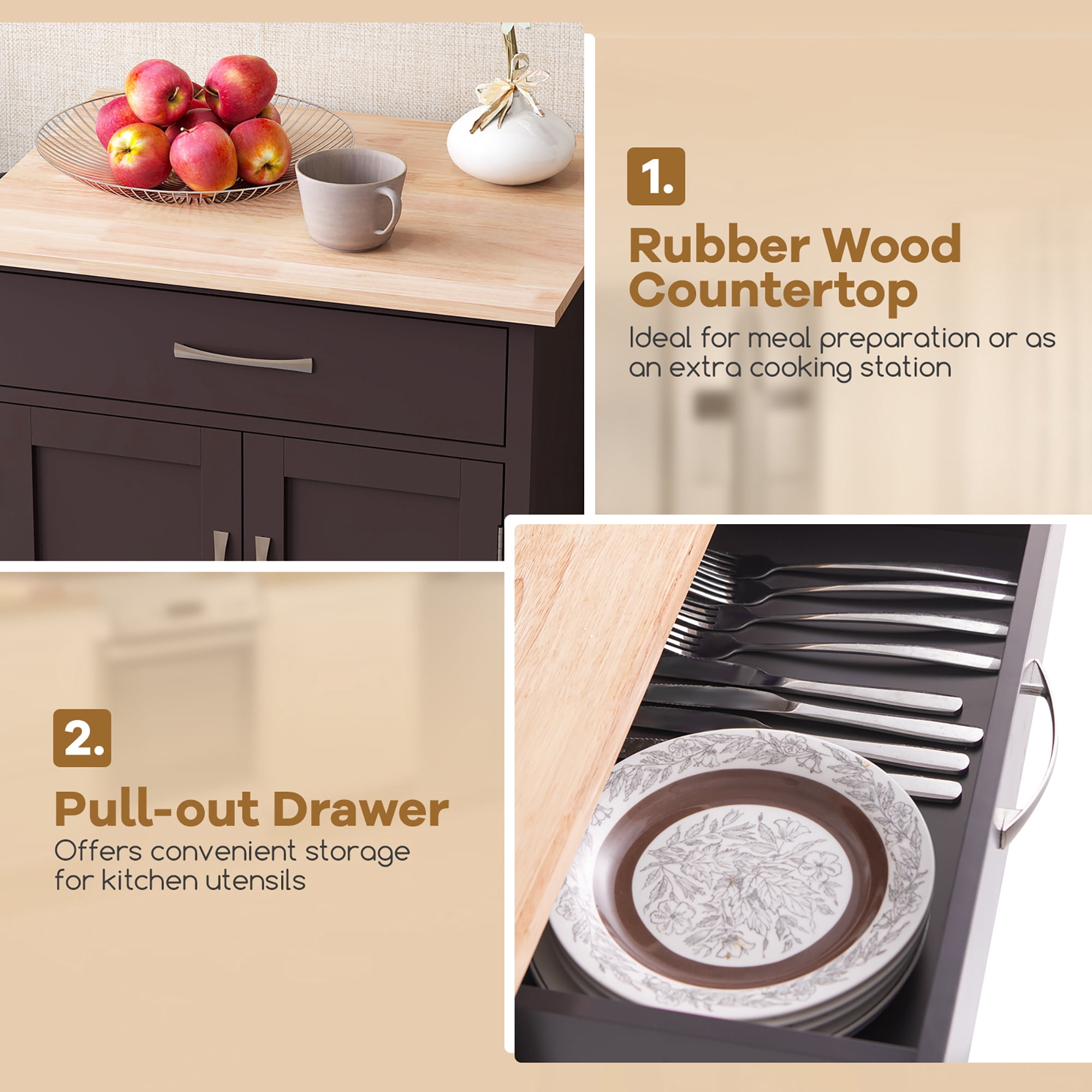 Gymax Rolling Kitchen Island Cart w/ Drawer 2-Door Storage Cabinet Bottom Tray Brown