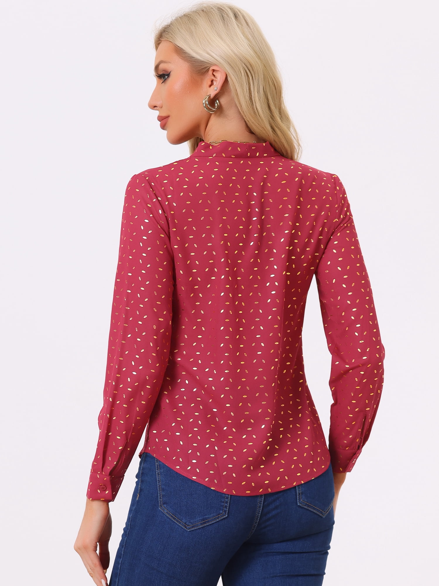 DARING DIVA Stand Collar Metallic Dots Stars Blouse Top S Red-Leaf