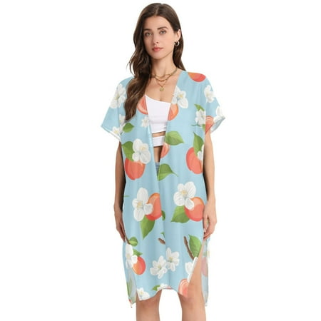 Beach Vacation Clothes Kimono Cardigan Loose Swimsuit Cover Up for Women Cartoon Cherry and Flower M
