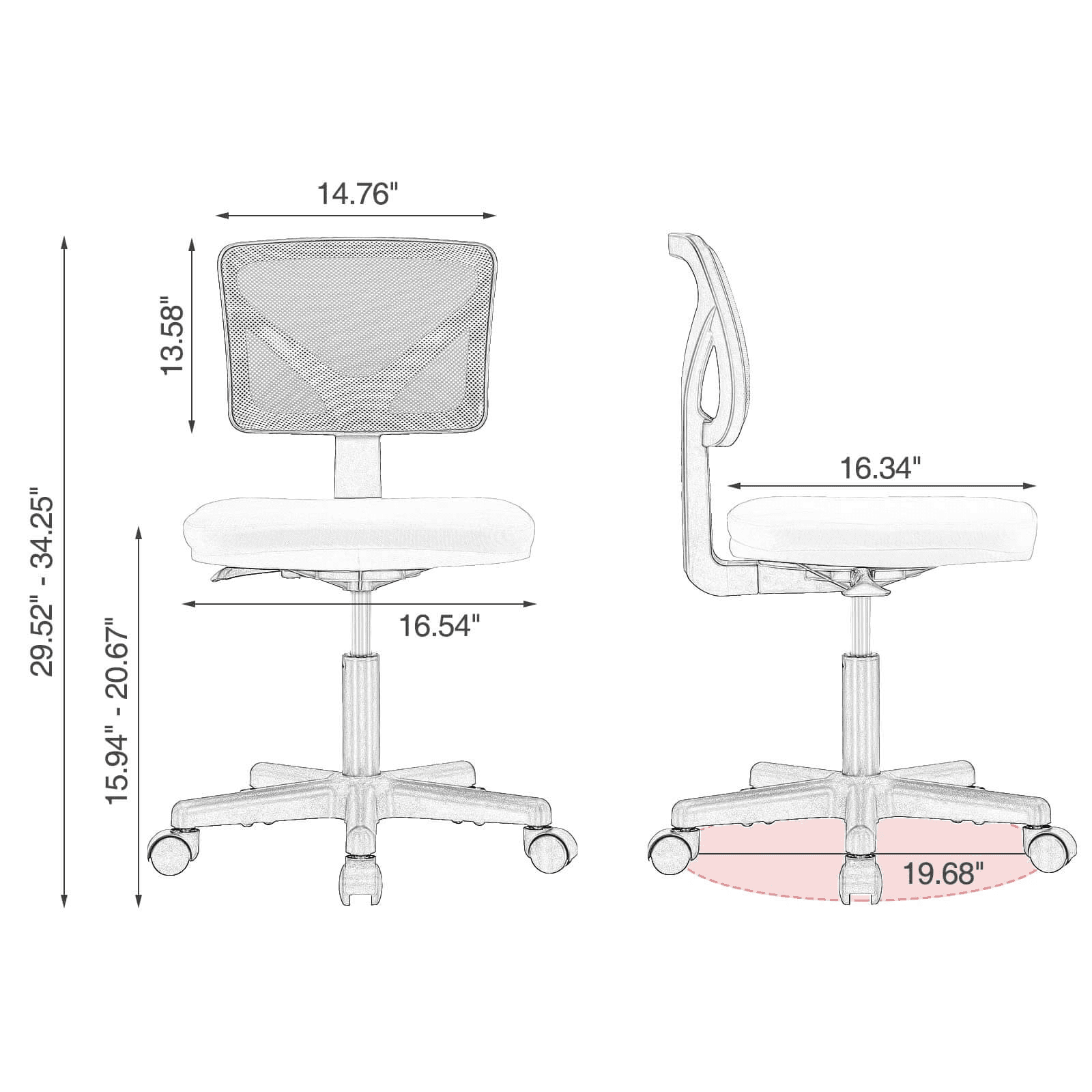 MAYEERTY Home Office Desk Chair, Armless Mesh Computer Chair Small Space Swivel Adjustable Low Back Task Chair for Teens/Adults, Pink