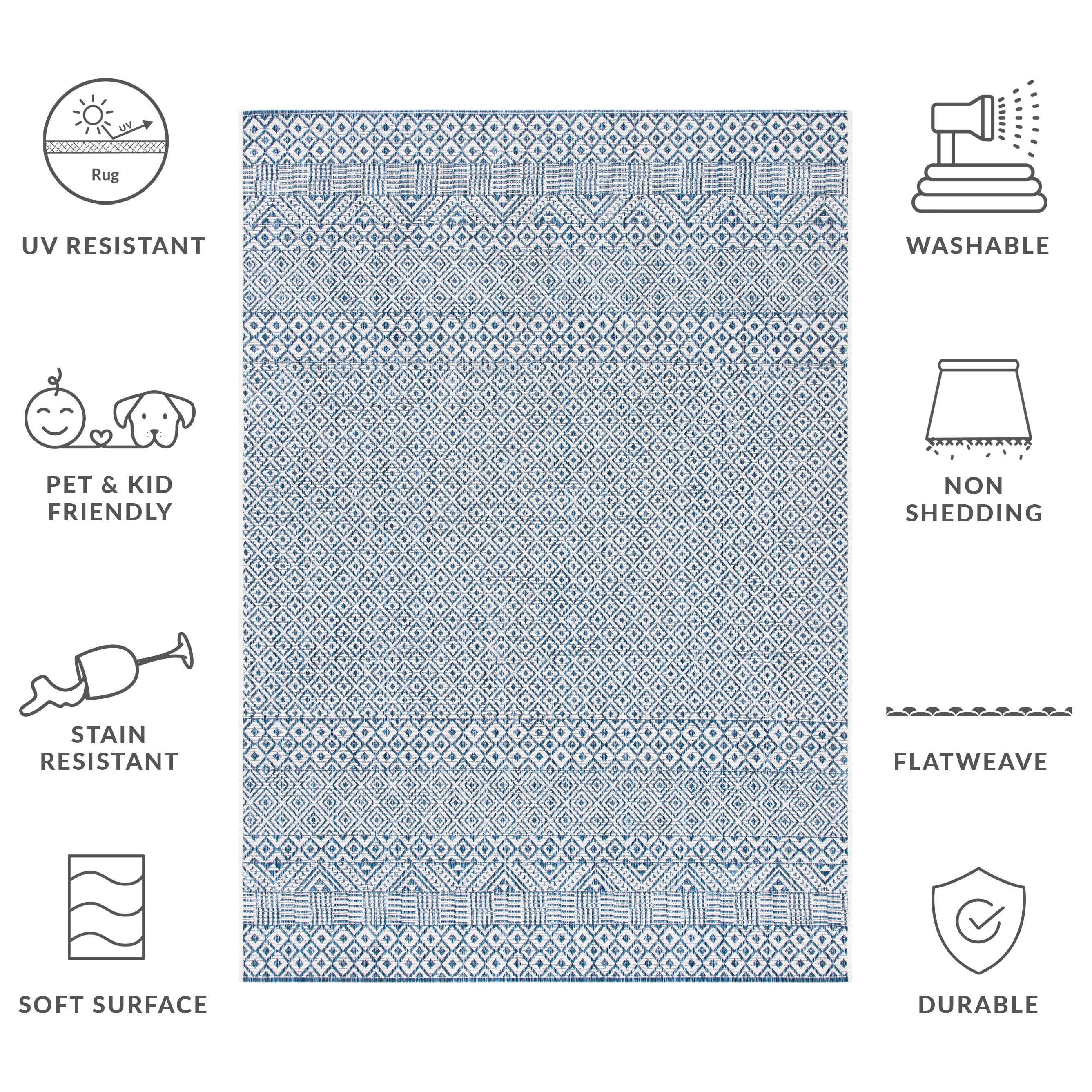 Safavieh Blue, Navy Power Loomed Outdoor Rugs, 8' x 10', Water-Resistant