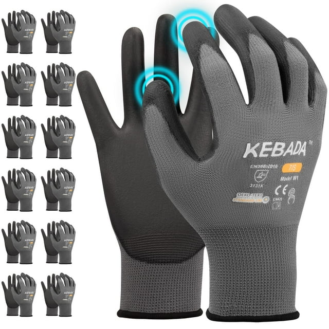 Work Gloves Kebada W1, pantalla táctil de seguridad con revestimiento de poliuretano, color gris, tamaño grande