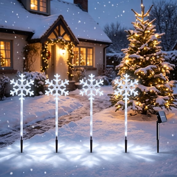 4 Pack Solar Christmas Snowflake Stake Lights, Waterproof Cool White LED Outdoor Ground Pathway Lights, Winter Yard Walkway Garden Courtyard Xmas Holiday Decoration