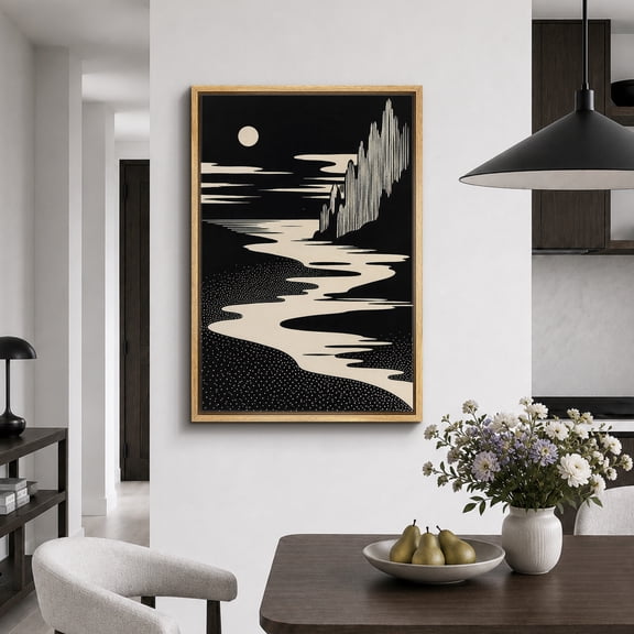 Framed Canvas Print Moonlit Coastal Cliffs Wall Art Minimalist Artwork Decoration for Living Room Bedroom - 16"x24" NATURAL Frame