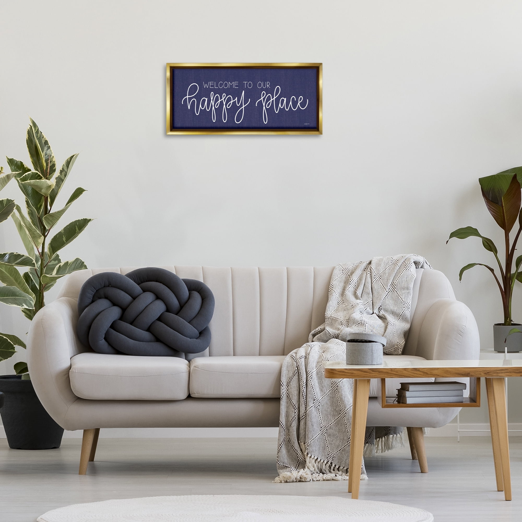 Stupell Industries Welcome Happy Place Typography Painting Gold Floater Framed Art Print Wall Art, 25 x 11