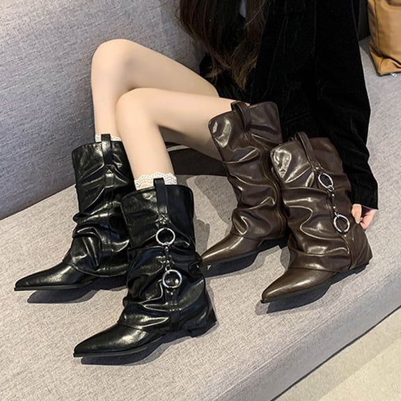 Lovzfmll Wide Calf Boots for Women, Pointed Toe Knee High High Heel Wrinkled Leather, Block Mid Heel Pointy Toe Chain Leather Motorcycle Boots Casual Fall Black Boots