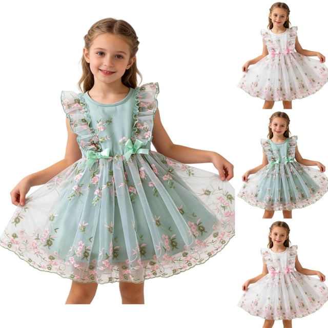 XUNKUSGA Robe Princesse 3-8 Ans Mignonne à Volants Sans Manches en Tulle Robe Mode Décontractée Robe d'Anniversaire Mode Florale Brodée Robe de Fille Tout-Petit, Vert