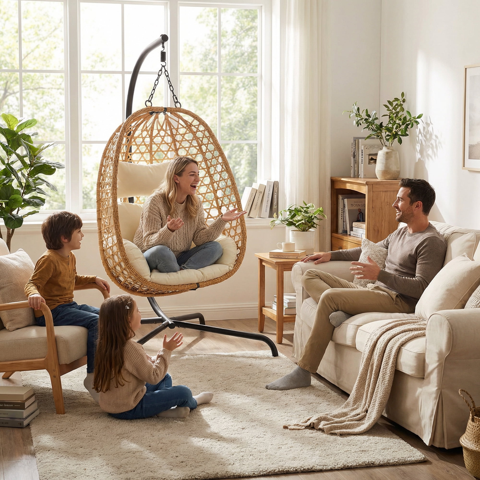Wicker Egg Chair with Metal Stand, 350LBS Capacity Hanging Hammock Swing Chair, Ergonomic PE Rattan Lounge Chair Indoor Outdoor for Bedroom Balcony Patio Garden
