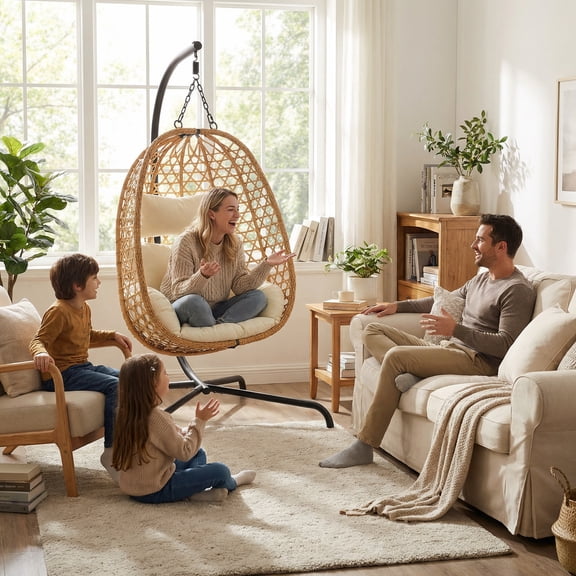 Egg Chair with Stand, Patio Wicker Hanging Chair, Hammock Swing Chair, 350LBS Capacity for Bedroom, Balcony, Garden, Beige