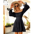 thumbnail image 3 of Vestido de mujer con cuello cuadrado, volantes y mangas largas tipo farol con cordones$ Vestido mini informal con cintura elástica$ Vestido de gasa con encaje, lazo en la espalda, mangas, 3 of 4