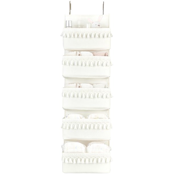 Organizador colgante para puerta Dahey boho para guardería, 5 bolsillos, blanco