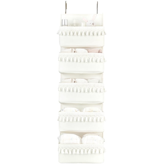 Organizador colgante para puerta Dahey boho para guardería, 5 bolsillos, blanco