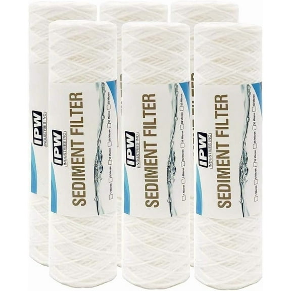 IPW Industries Inc. 50 Micron String Wound Water Filter for Universal Whole House Replacement Cartridge Sediment Filters for Well Water 10" x 2.5" - 6 Pack